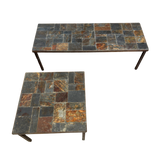 Pair of Modular Slate Tiled Coffee Tables with Iron Base