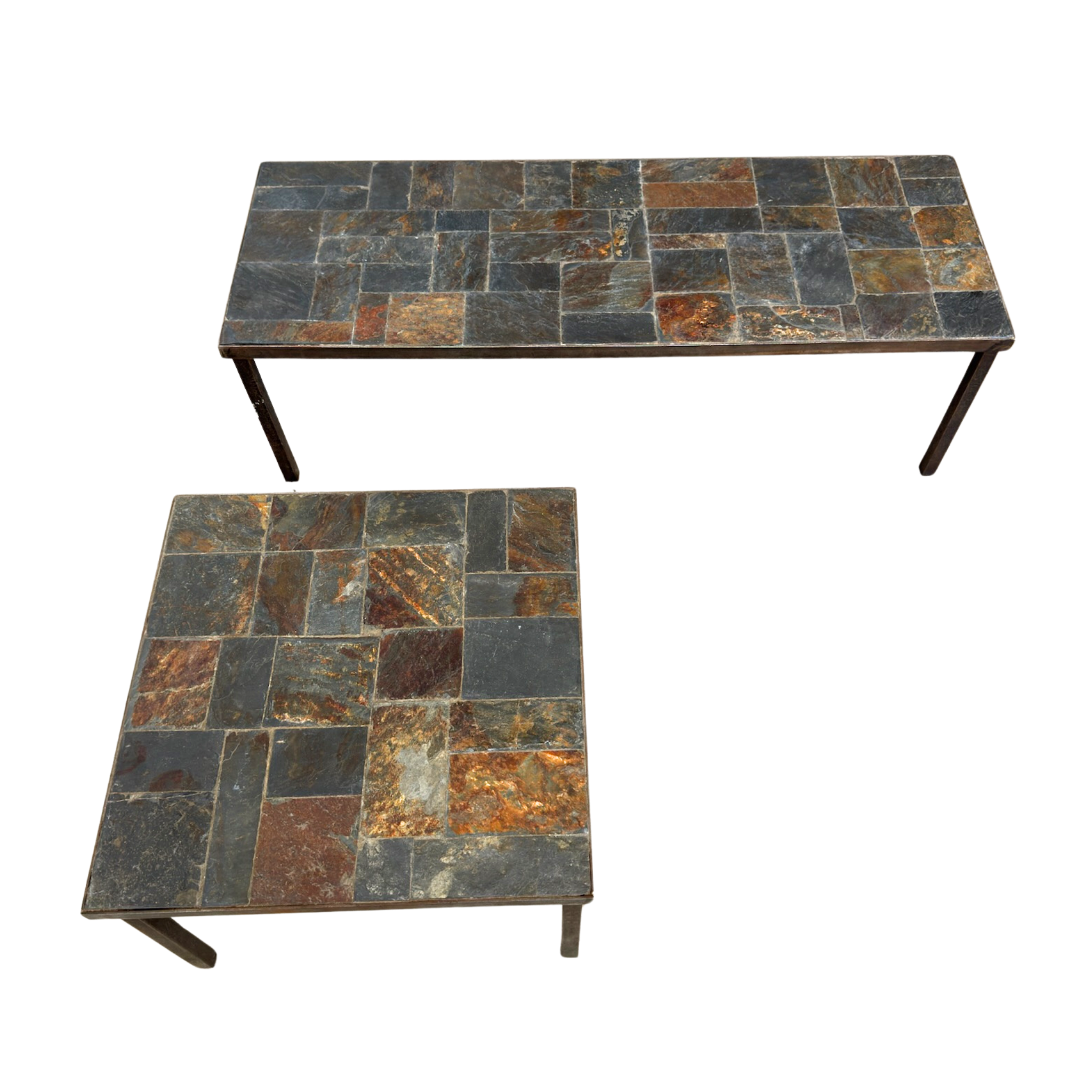 Pair of Modular Slate Tiled Coffee Tables with Iron Base – Pop Up Home
