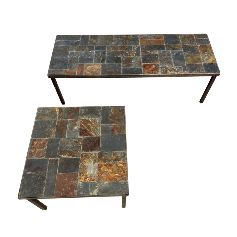 Pair of Modular Slate Tiled Coffee Tables with Iron Base