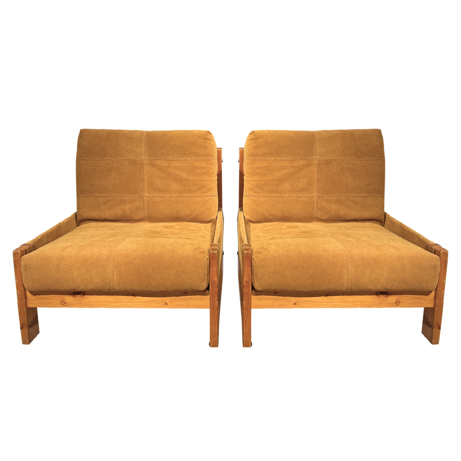 Pair of Suede Wood Frame Arm Chairs