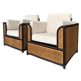 Pair of Vintage French Natural Wicker and Ebony Chairs