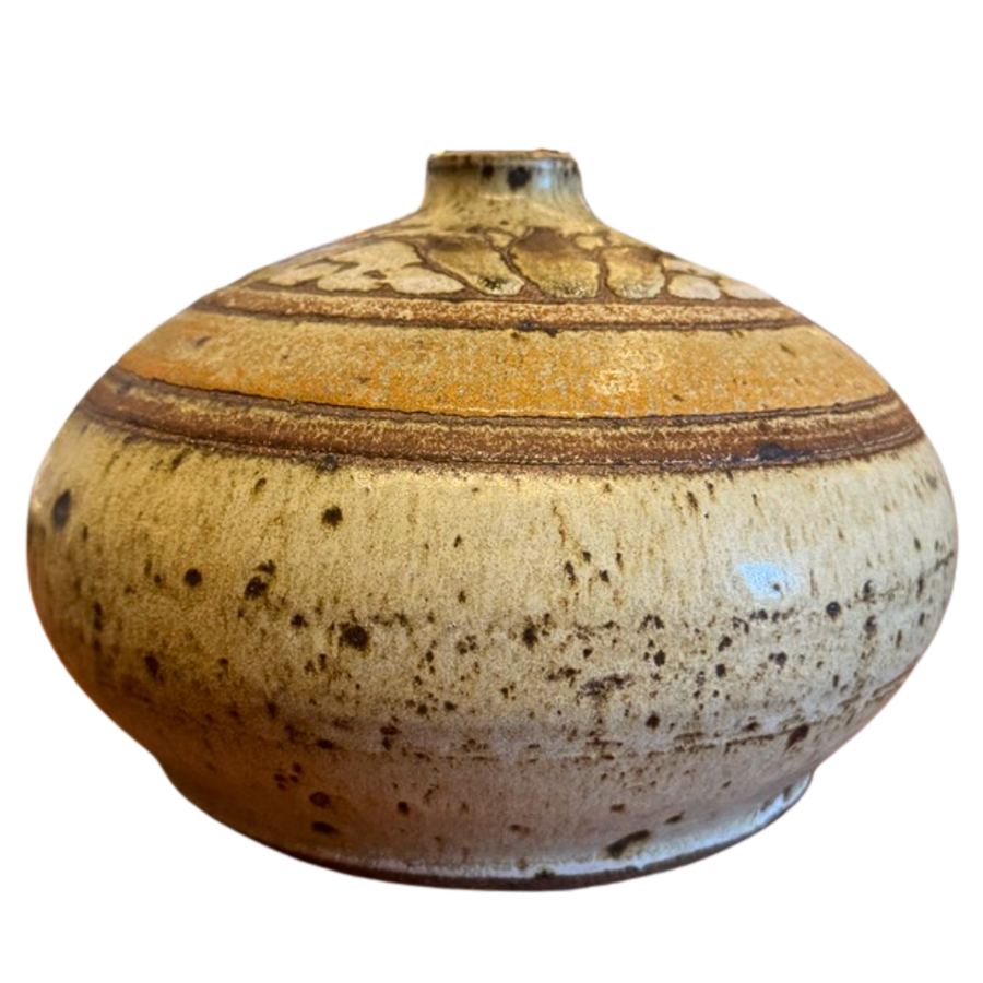 Flattened Studio Vessel with Carved Leaf Motif