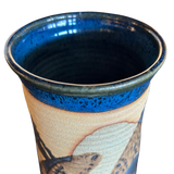 Cylindrical Vase with Blue Rim and Abstract Glaze