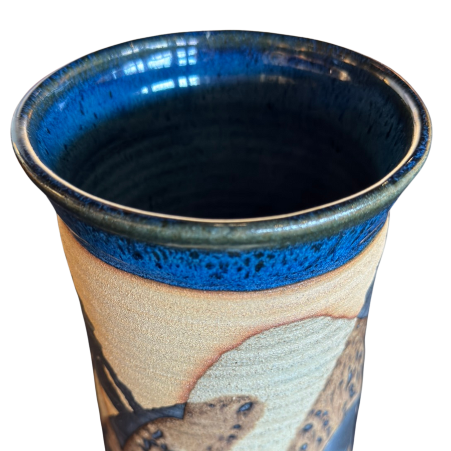Cylindrical Vase with Blue Rim and Abstract Glaze