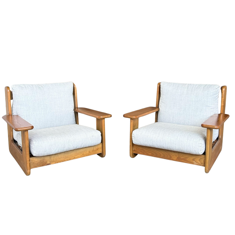 Pair of Oak Frame Lounge Chairs with Linen Upholstery