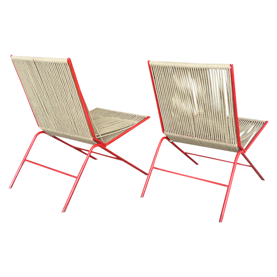 Pair of Red Metal Frame Rope Chairs