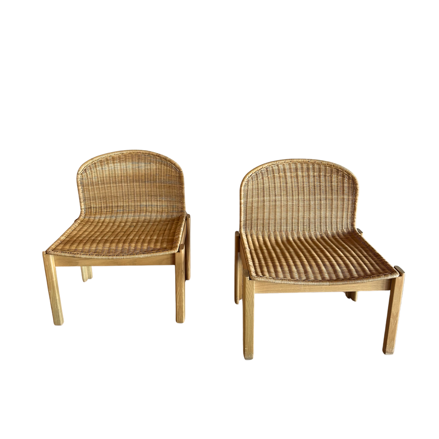 Pair of Vintage French Wicker and Wood Side Chairs