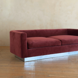Oxblood Velvet and Chrome Plinth Sofa