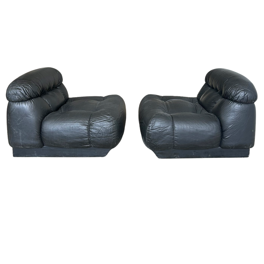 Pair of Italian Black Tufted Lounge Chairs, 1970s