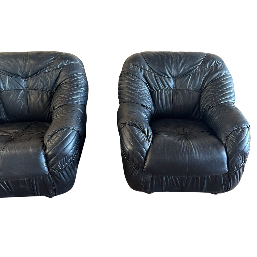 Pair of Vintage Italian Black Leather Chairs