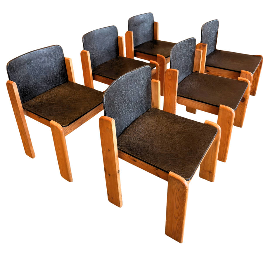 Set of 6 Italian Textured Leather Seat Dining Chairs in the manner of Silvio Coppola, 1970s