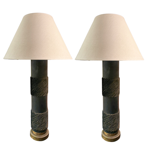 Pair of Textured Ebony Wood Column Lamps