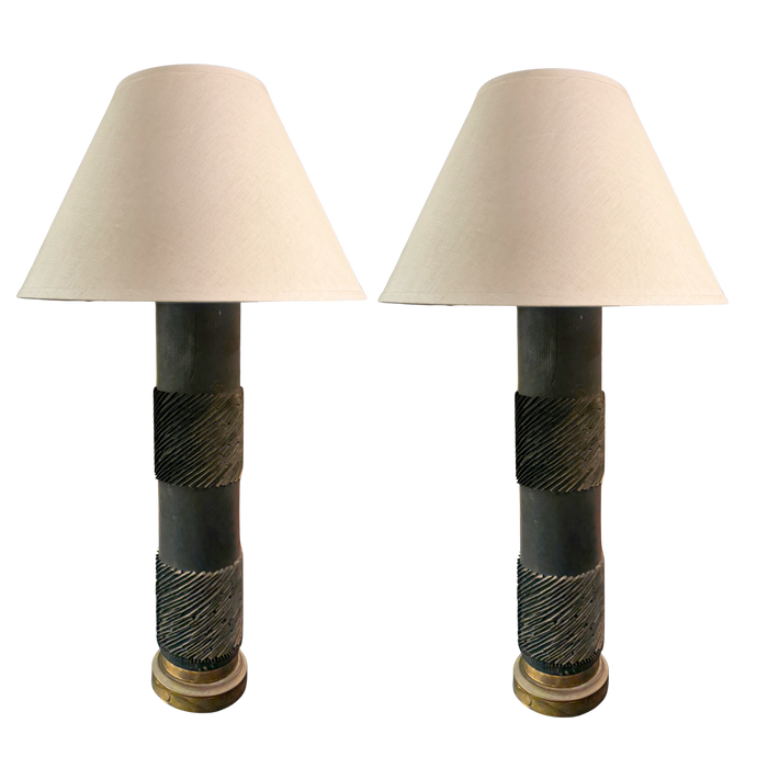 Pair of Textured Ebony Wood Column Lamps