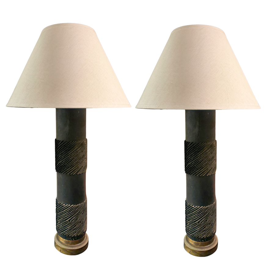 Pair of Textured Ebony Wood Column Lamps