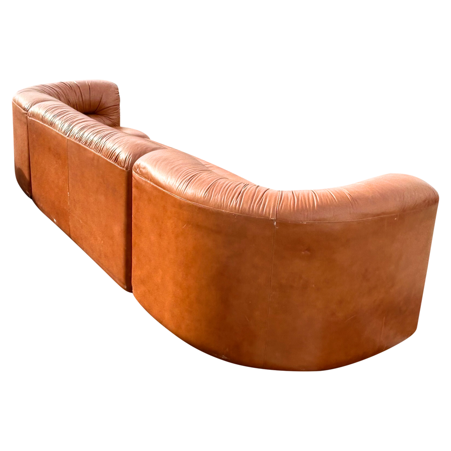 Cognac Leather Channel Back Curved Modular Sectional