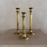 Trio of Large Ringed Brass Candlesticks