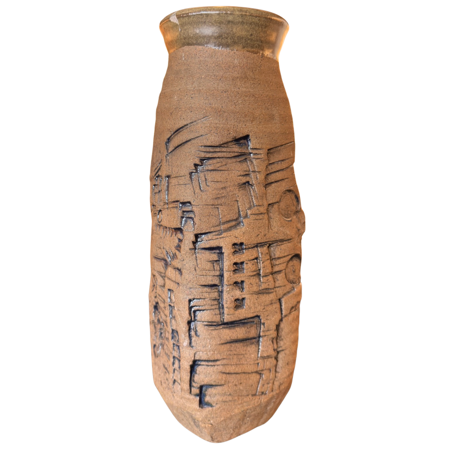 Tall Stoneware Vase with Brutalist Motifs