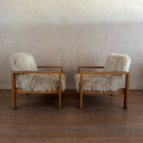 Pair of Vintage Solid Wood and Mongolian Sheepskin Armchairs