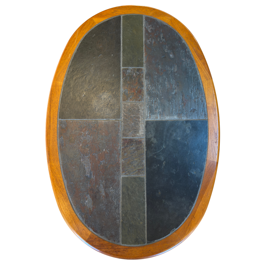 Slate and Teak Oval Coffee Table