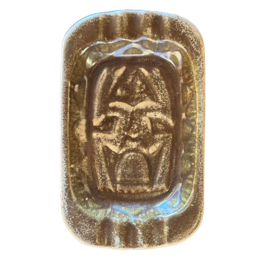 Brown Glazed Ceramic Ashtray with Sculpted Relief