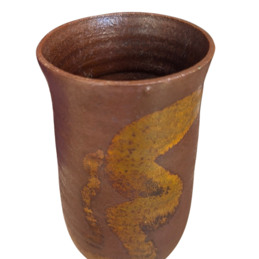 Tall Oxidized Clay Vase with Ochre Abstract Glaze