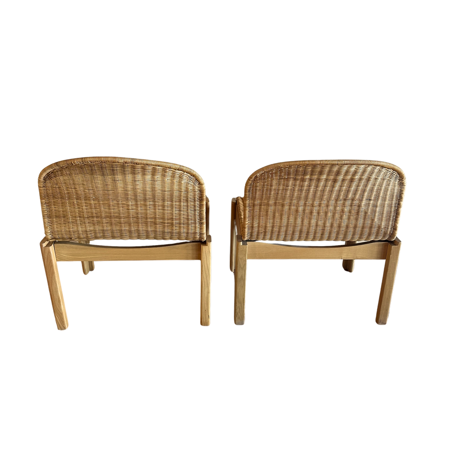 Pair of Vintage French Wicker and Wood Side Chairs