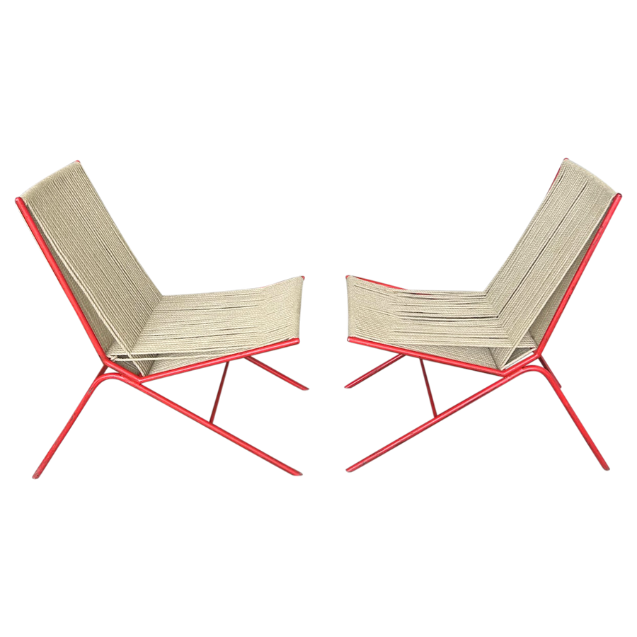 Pair of Red Metal Frame Rope Chairs