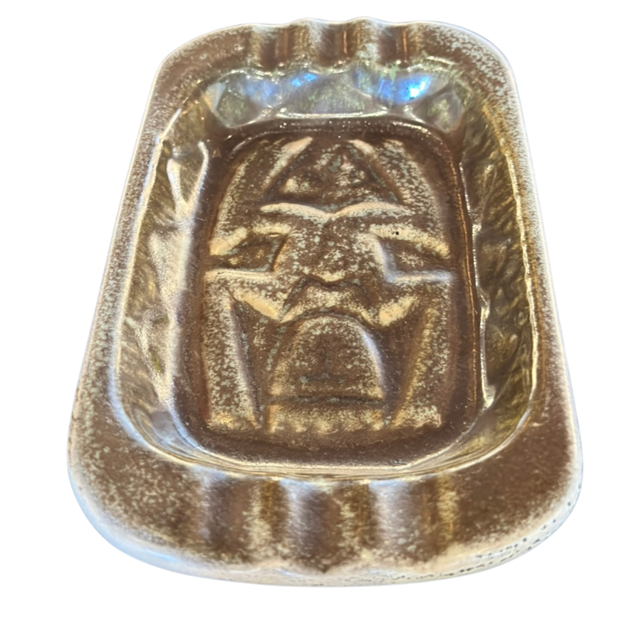 Brown Glazed Ceramic Ashtray with Sculpted Relief