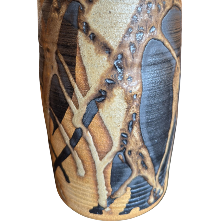 Cylindrical Vase with Blue Rim and Abstract Glaze