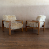 Pair of Vintage Solid Wood and Mongolian Sheepskin Armchairs
