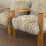 Pair of Vintage Solid Wood and Mongolian Sheepskin Armchairs