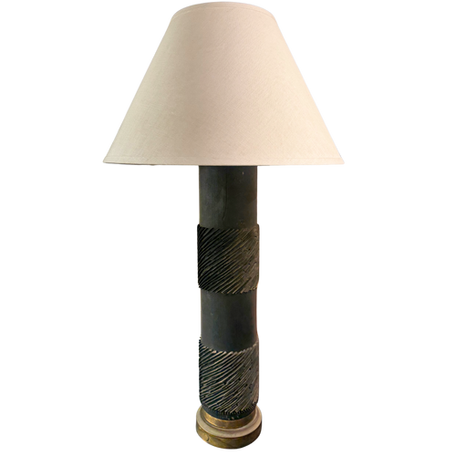 Pair of Textured Ebony Wood Column Lamps