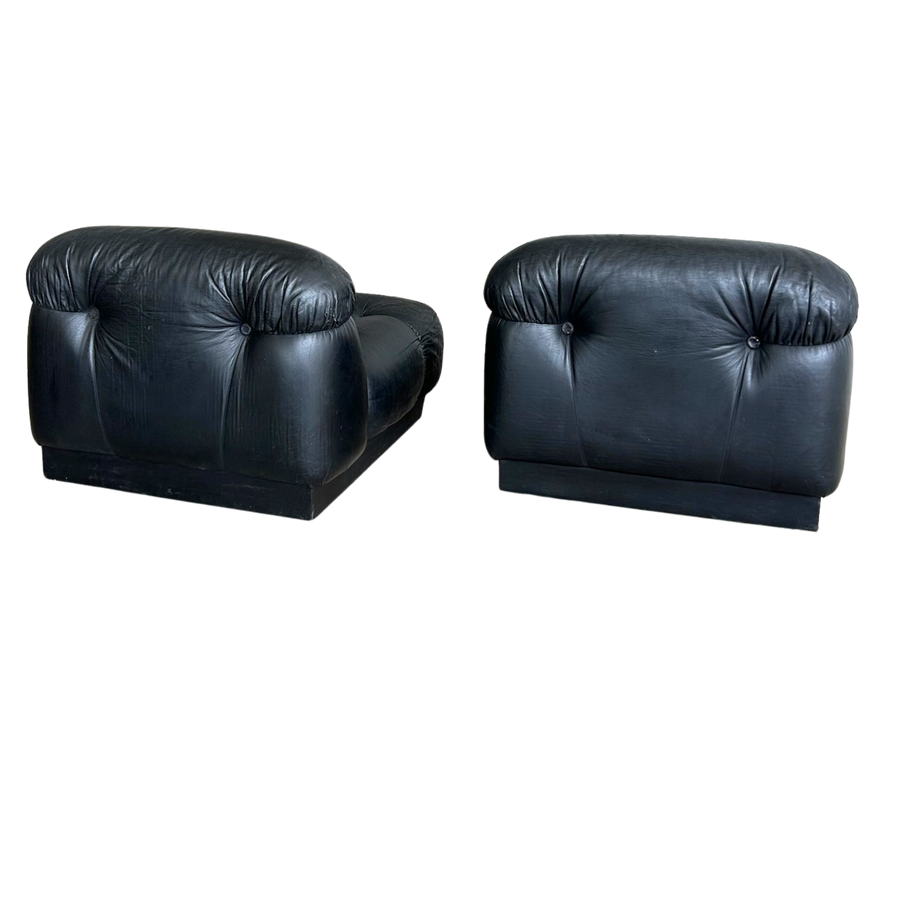 Pair of Italian Black Tufted Lounge Chairs, 1970s