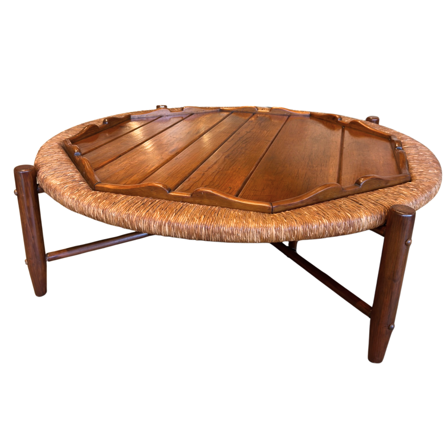 Round Walnut Coffee Table with Woven Edge