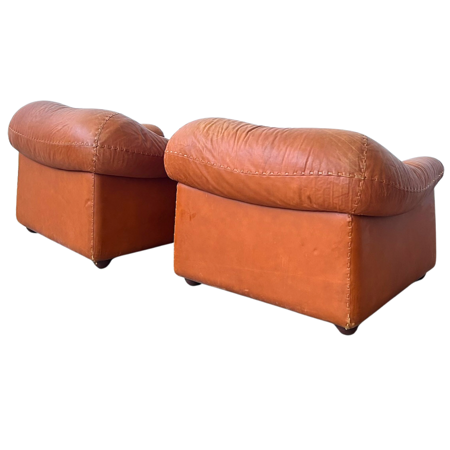 Pair of Cognac Leather ‘Soleado’ Lounge Chairs by Mobil Girgi, 1970s
