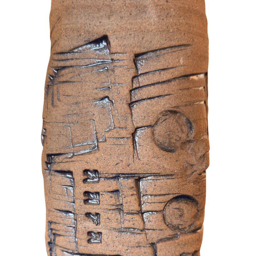 Tall Stoneware Vase with Brutalist Motifs