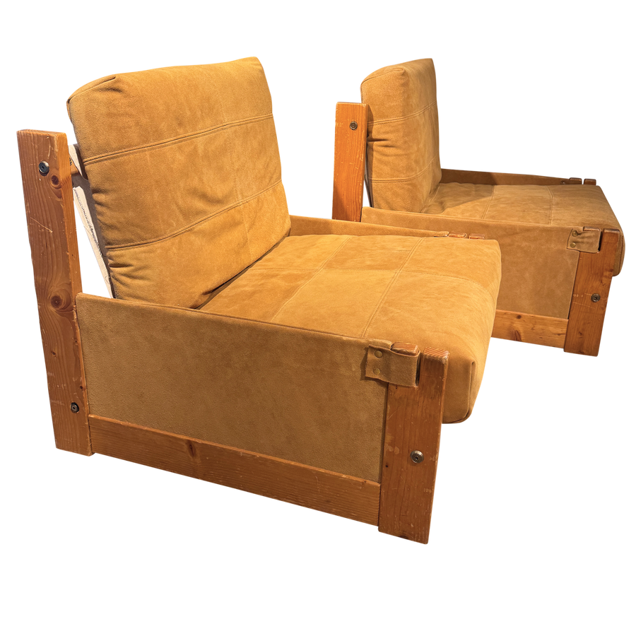 Pair of Suede Wood Frame Arm Chairs