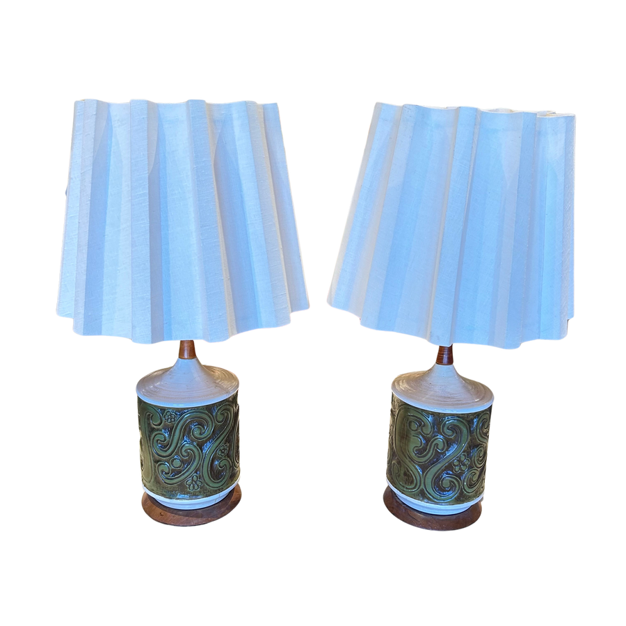 Pair of Ceramic and Wood Accent Table Lamps with Pleated Shades