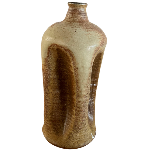 Cream and Brown Glazed Stoneware Vessel