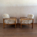 Pair of Vintage Solid Wood and Mongolian Sheepskin Armchairs