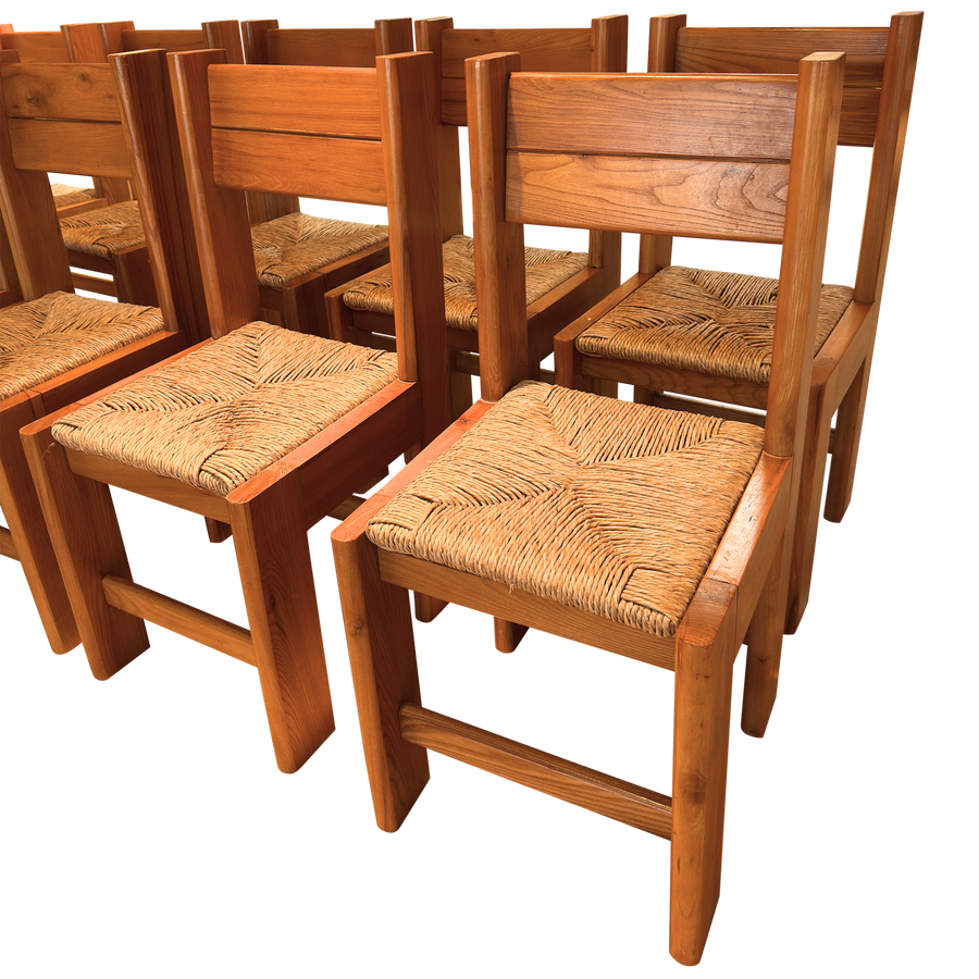 Set of 10 Rush Seat Oak Frame Dining Chairs