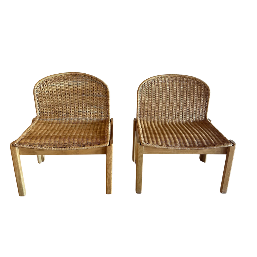 Pair of Vintage French Wicker and Wood Side Chairs