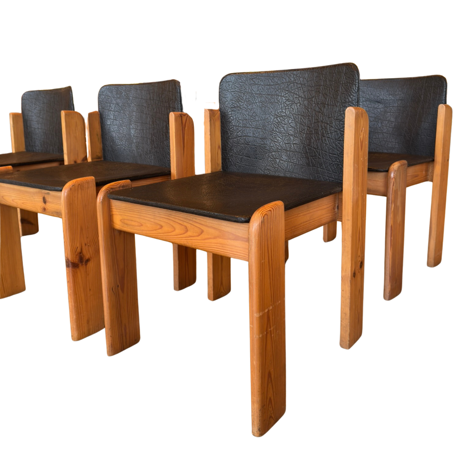 Set of 6 Italian Textured Leather Seat Dining Chairs in the manner of Silvio Coppola, 1970s