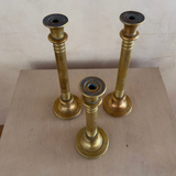 Trio of Large Ringed Brass Candlesticks