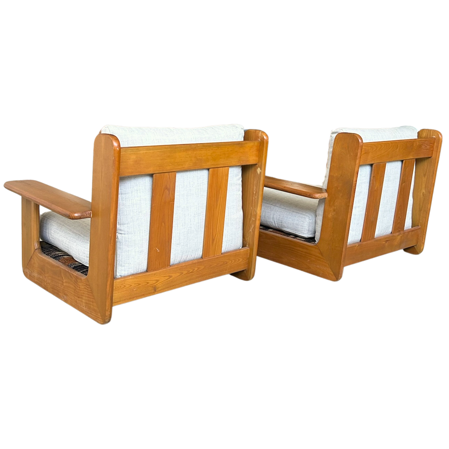Pair of Oak Frame Lounge Chairs with Linen Upholstery