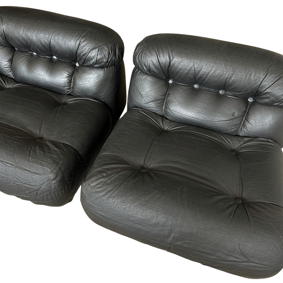 Pair of Italian Black Tufted Lounge Chairs, 1970s
