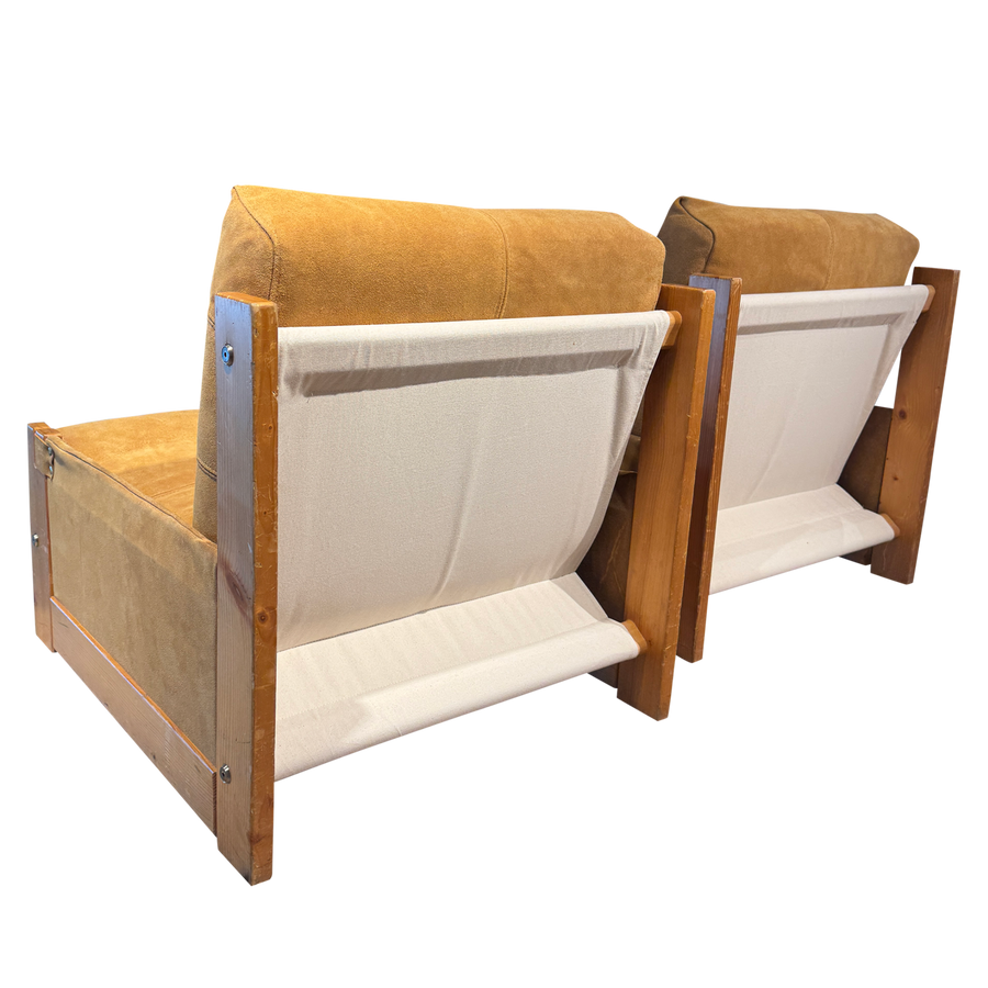 Pair of Suede Wood Frame Arm Chairs