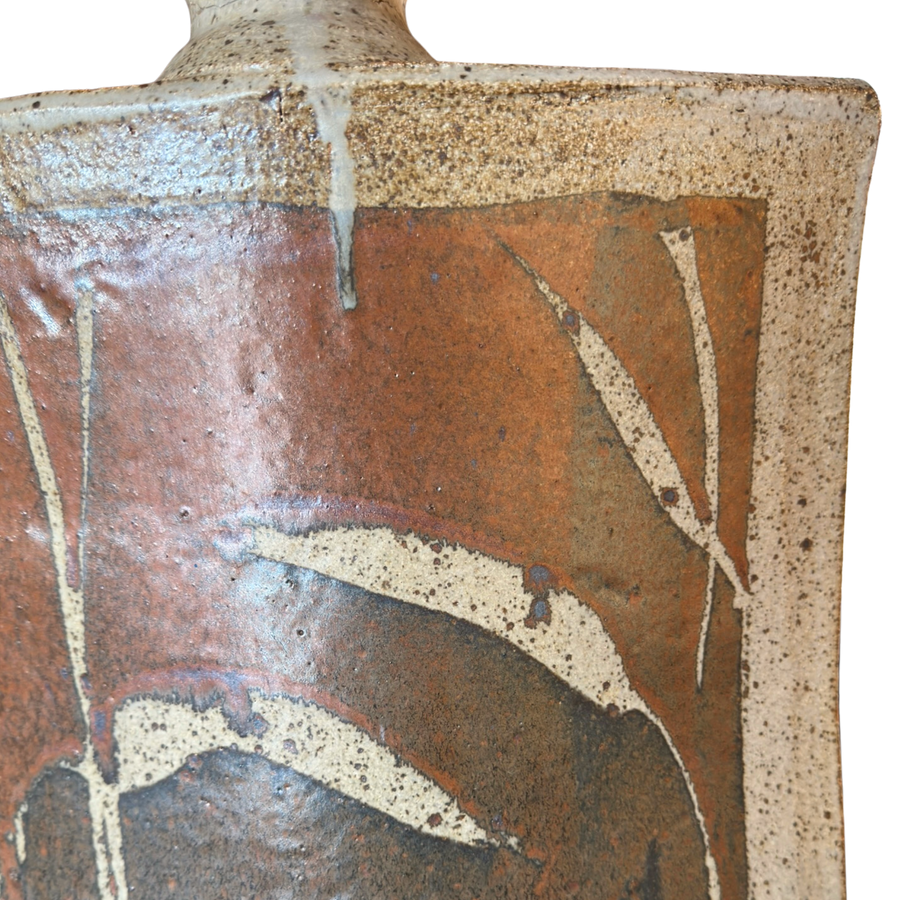 Large Square Stoneware Vase with Abstract Leaf Motif
