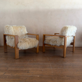 Pair of Vintage Solid Wood and Mongolian Sheepskin Armchairs