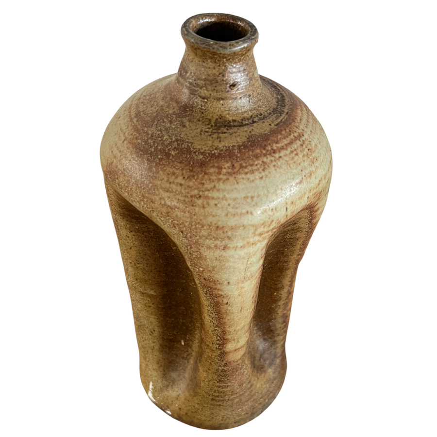 Cream and Brown Glazed Stoneware Vessel